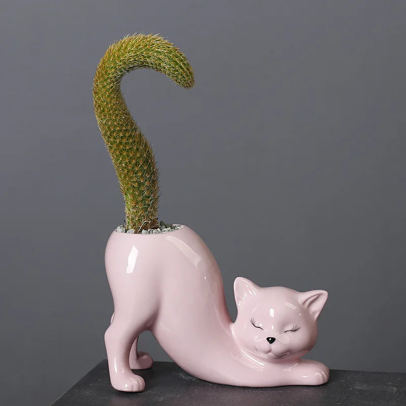 Søt katt blomsterpotte - Glasert porselen saftig planter | Luvikno