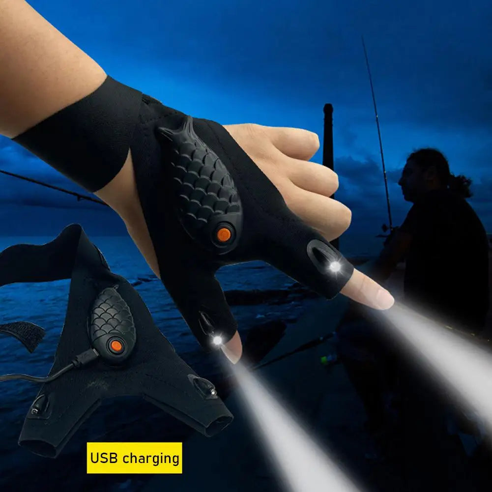 Oppladbare fingerløse reparasjonsfisking LED hansker | Luvikno