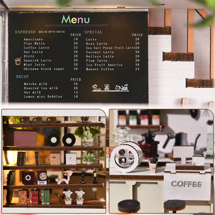 SoleCaffè DIY Bokhylle | Miniatyr Kaffehus 3D Trebyggesett | Med LED-belysning | Kreativ Bokhylla Diorama & Gaveidé Luvikno