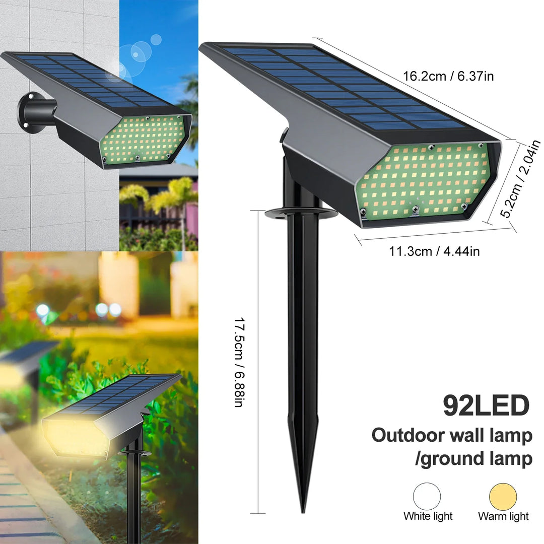 Luvikno | Solar-Spotlight LumiYard 92LED | 2-farget hagebelysning (Varm-/Kald hvit) | IP65 vanntett & automatisk skumringssensor