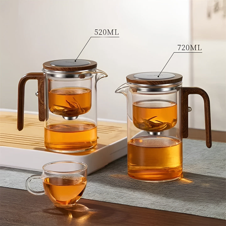 Glas tekanne med trebhandle – Én-klikks filter | Perfect for løs te & Puer | Luvikno