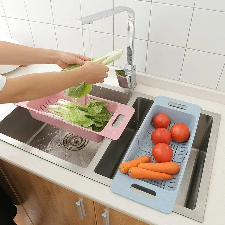 FlexDrain Dreneringskurv Kjøkken – Justerbar Kokedusjorganisator | Automatisk Drenering & Frukt Grønnsakstørrer | Plassbesparende Kjøkken Tilbehør | Luvikno