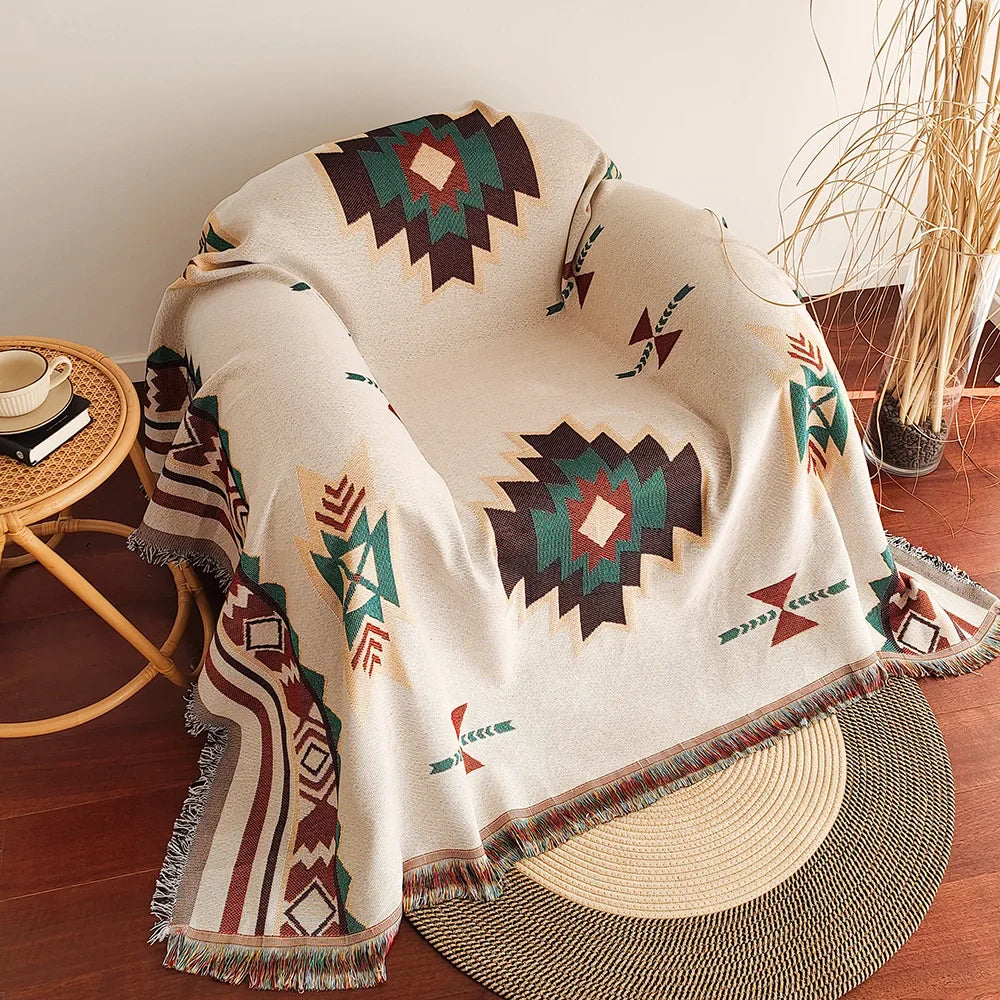 AztecaLoom Boho Teppe | XXL Aztec Kaste med Frynser | Southwestern Etno Stil | Vintage Kaste Teppe laget av Bomullsblanding Luvikno