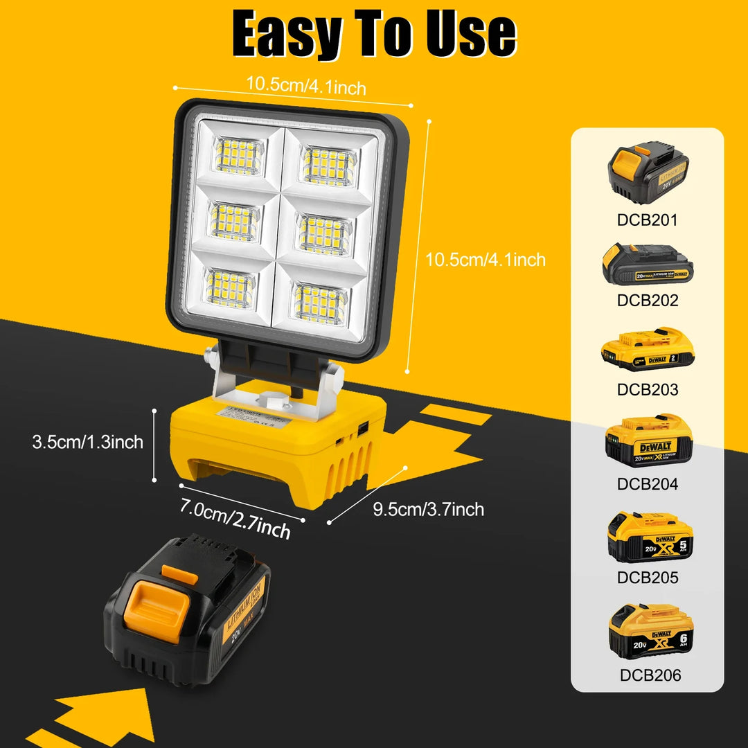 Luvikno | PowerLuma 48 LED Arbeidslys | 48W Batterikonstruksjonsspotlight | 5200 Lumen | USB-C Laderport | For DeWalt Batterier (uten batteri)