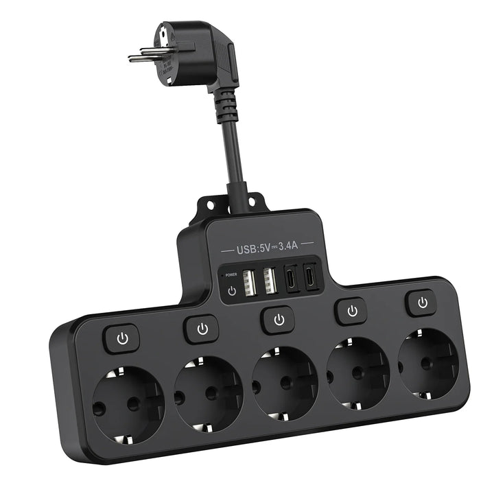 Voltaro Pro 9-i-1 | Strømskinne EU | 5 AC-utganger + 4 USB (2× Type-C) | Individuell bryter | 16A | Kort kabel 10 cm Luvikno