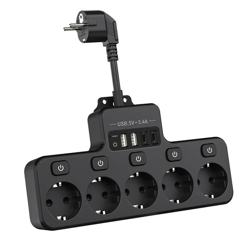 Voltaro Pro 9-i-1 | Strømskinne EU | 5 AC-utganger + 4 USB (2× Type-C) | Individuell bryter | 16A | Kort kabel 10 cm Luvikno