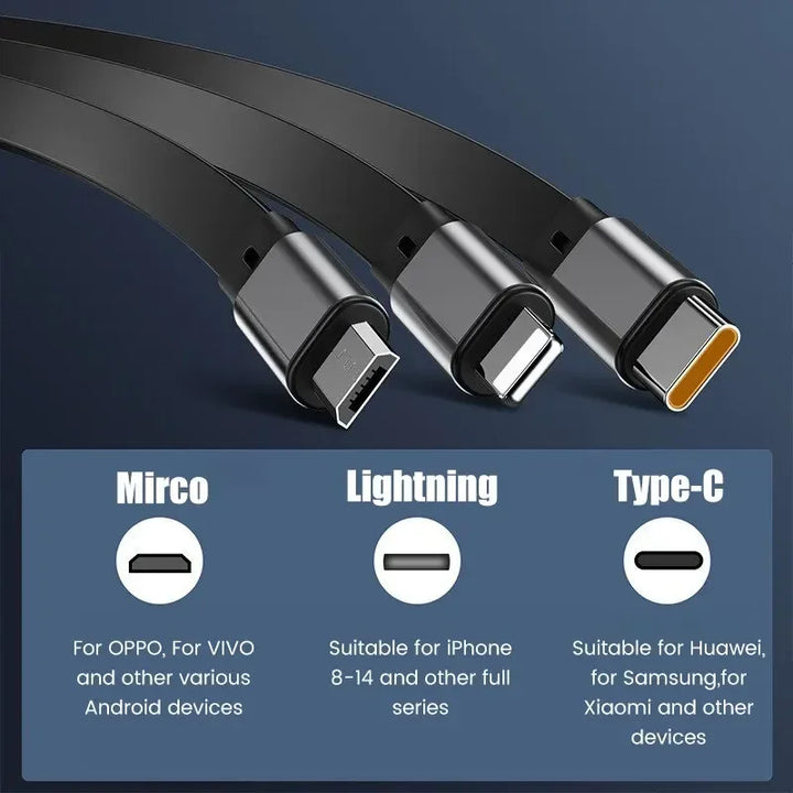 Luvikno | 3-i-1 Laderkabel | Hurtiglading 100W | Utvidbar & Universell | FlexiCharge for iPhone, Android & USB-C
