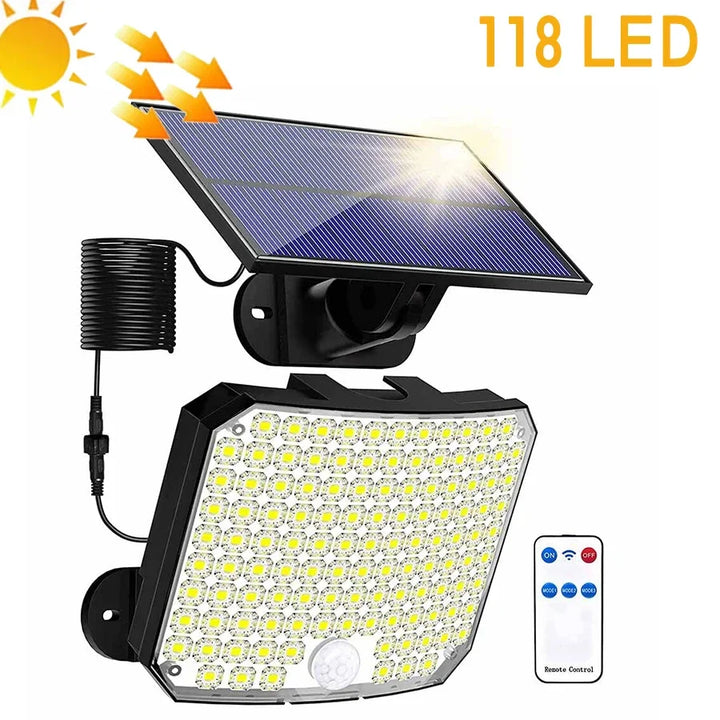 Luvikno | Solvalux Solarvegglys med bevegelsessensor | 192 LEDer | Avtakbar solcellepanel med 5 m kabel | 4 moduser & fjernkontroll | IP65 vanntett