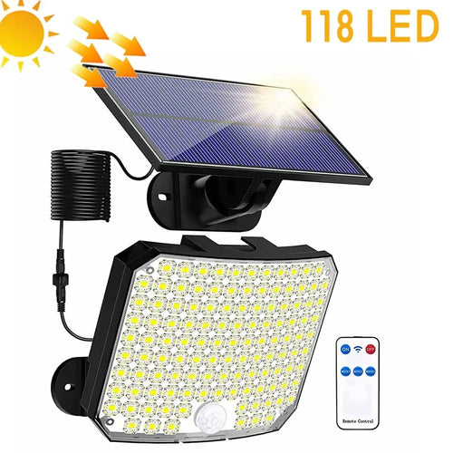 Luvikno | Solvalux Solarvegglys med bevegelsessensor | 192 LEDer | Avtakbar solcellepanel med 5 m kabel | 4 moduser & fjernkontroll | IP65 vanntett