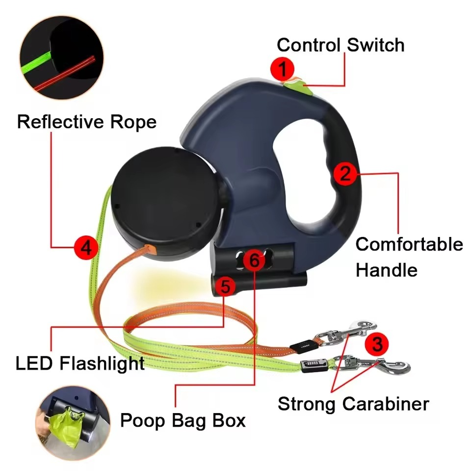 Dual Dog Retractable Leash med innebygd lommelykt og pose dispenser Luvikno