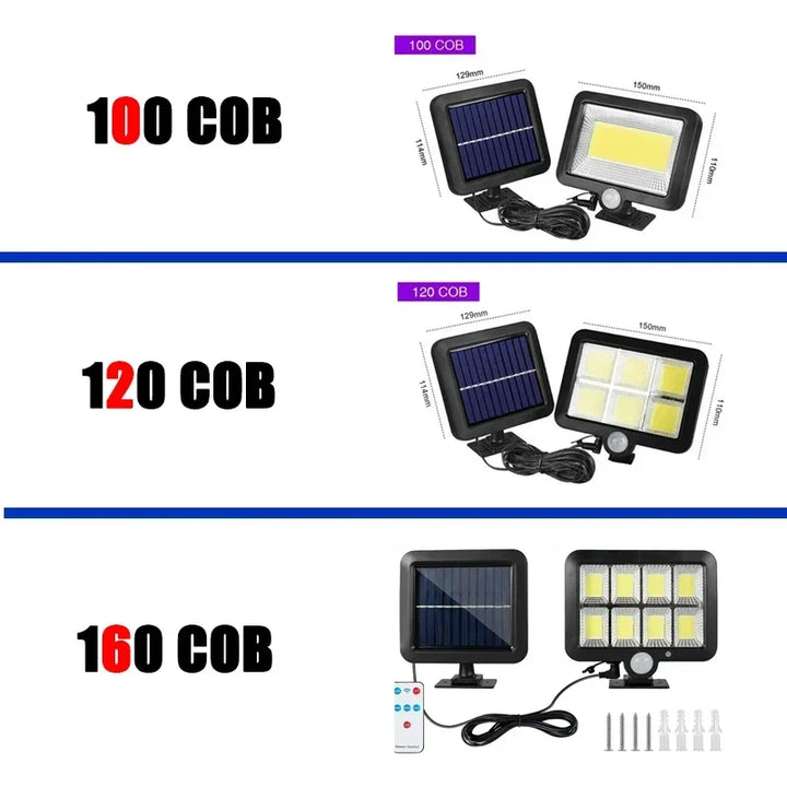 Luvikno | LuminaX Solar | 100 COB LED Sollys | IP65 | Bevegelsessensor & 3 Moduser | Trådløs Utendørsbelysning