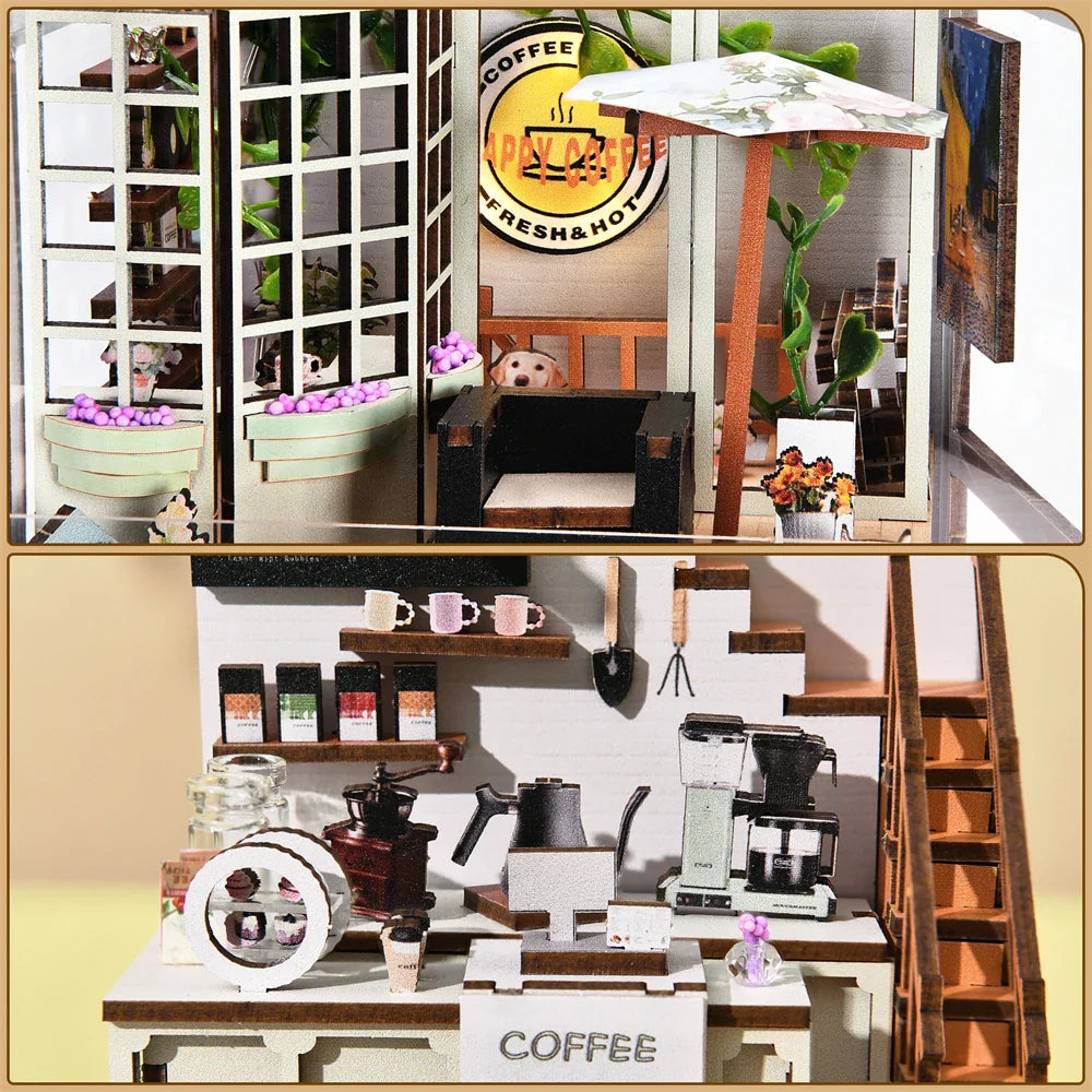 SoleCaffè DIY Bokhylle | Miniatyr Kaffehus 3D Trebyggesett | Med LED-belysning | Kreativ Bokhylla Diorama & Gaveidé Luvikno