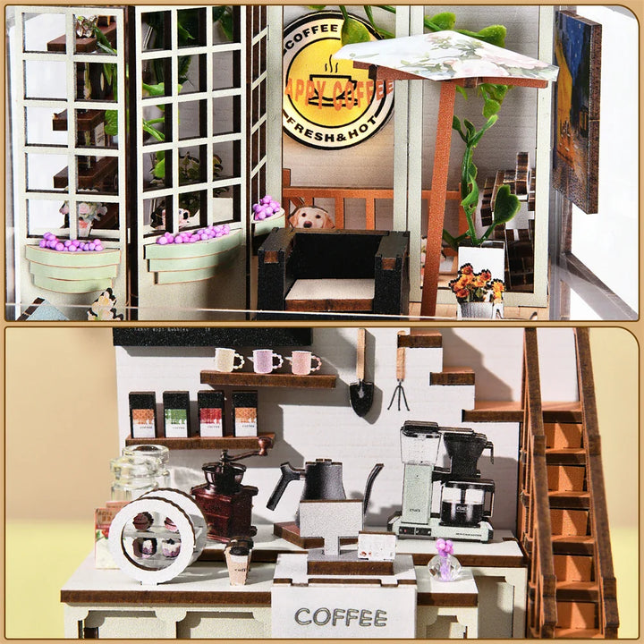 SoleCaffè DIY Bokhylle | Miniatyr Kaffehus 3D Trebyggesett | Med LED-belysning | Kreativ Bokhylla Diorama & Gaveidé Luvikno