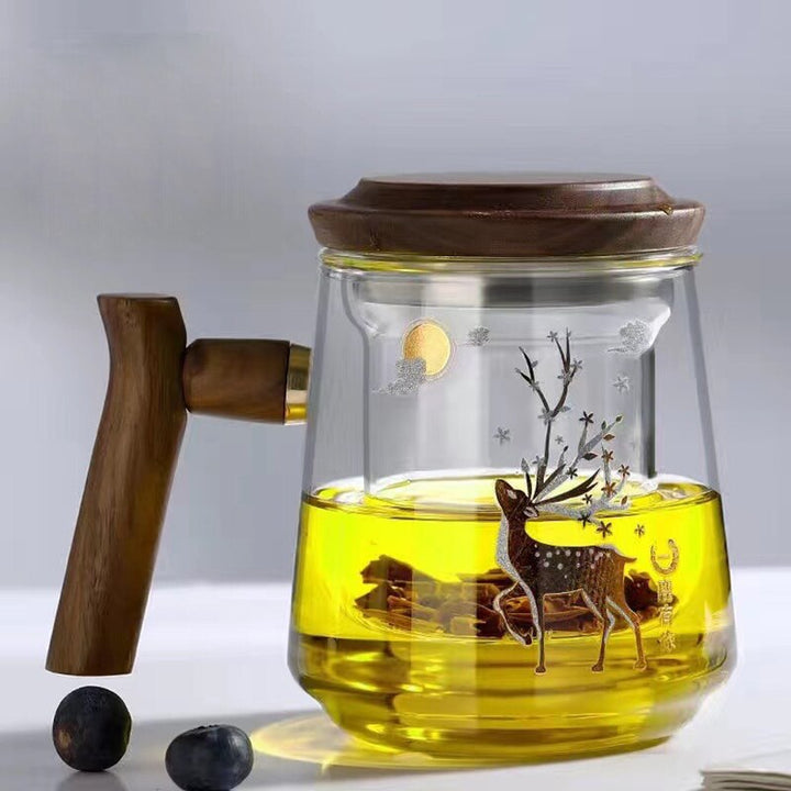Premium Glass Tea Cup with Filter and Wooden Handle, 470ml | Luvikno