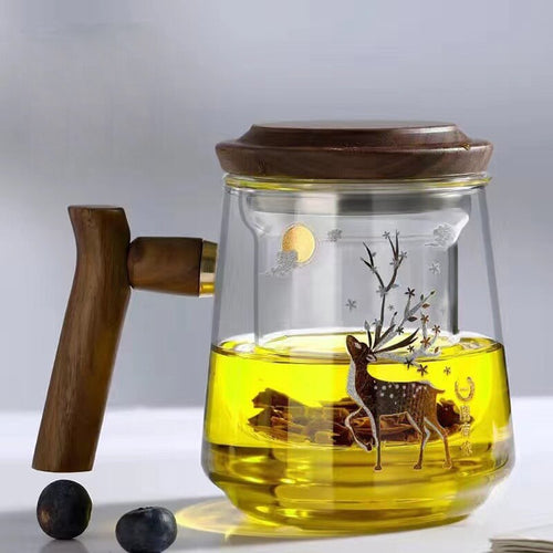 Premium Glass Tea Cup with Filter and Wooden Handle, 470ml | Luvikno