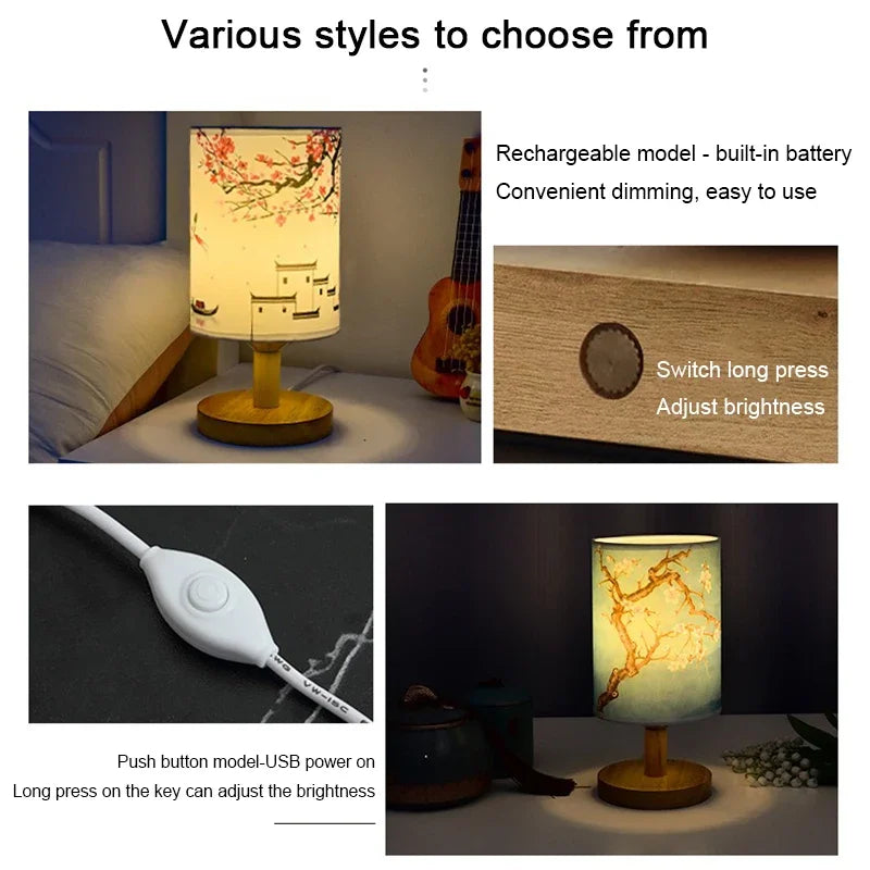 LiánHua LED Bordlampe Plomblomst | Dimbar | Stoffske i kinesisk stil | Varm hvit lys | EU-plugg Luvikno