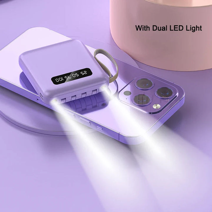 Luvikno | Mini Powerbank med Speildisplay | 20,000 mAh | Hurtigladingfunksjon & Integrerte Kabler | For iPhone, Samsung, Xiaomi & mer