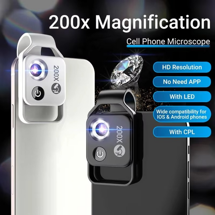 200X Zoom Profesjonell Mikroskop Linse for Smarttelefoner med Klype Luvikno