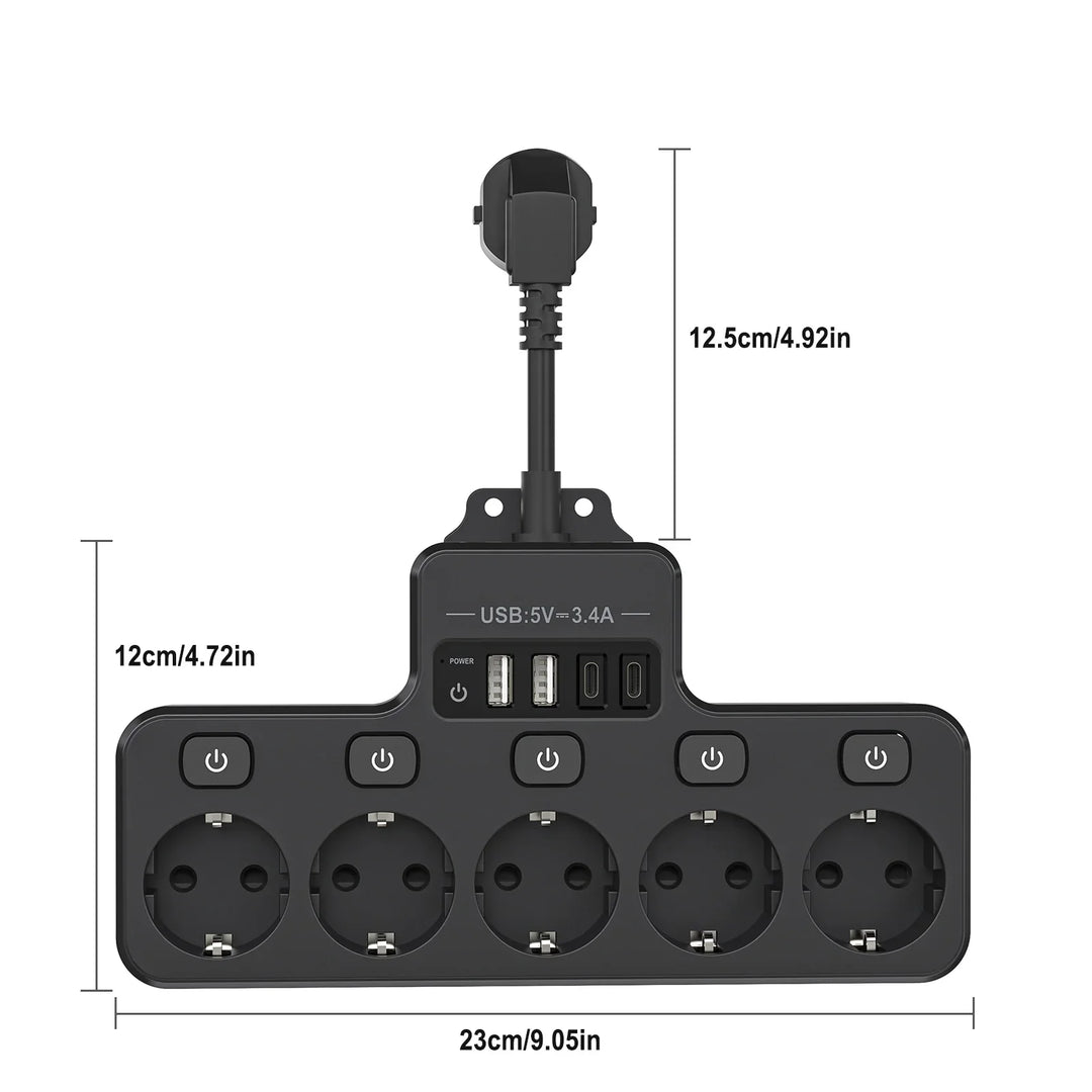 Voltaro Pro 9-i-1 | Strømskinne EU | 5 AC-utganger + 4 USB (2× Type-C) | Individuell bryter | 16A | Kort kabel 10 cm Luvikno