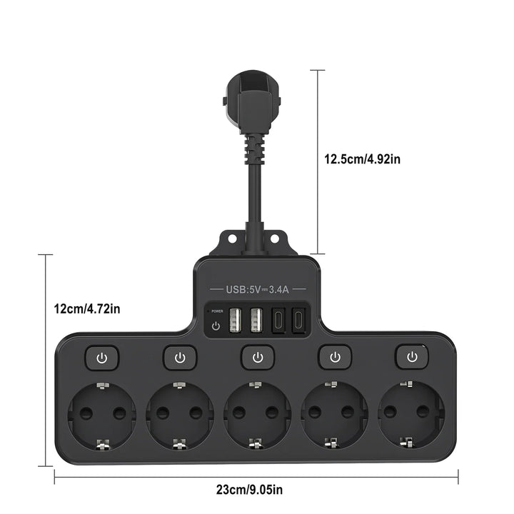 Voltaro Pro 9-i-1 | Strømskinne EU | 5 AC-utganger + 4 USB (2× Type-C) | Individuell bryter | 16A | Kort kabel 10 cm Luvikno