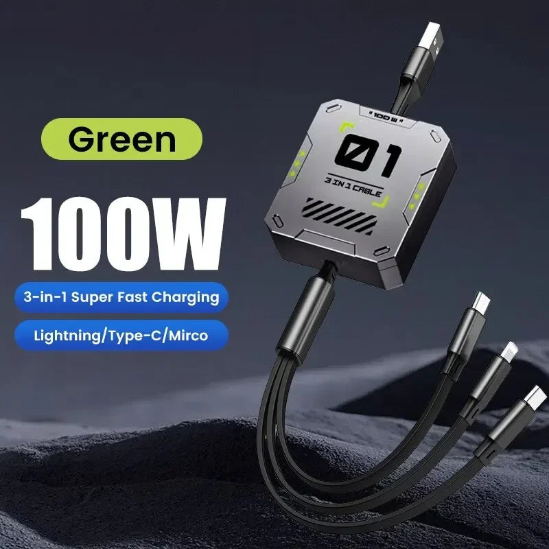 Luvikno | 3-i-1 Laderkabel | Hurtiglading 100W | Utvidbar & Universell | FlexiCharge for iPhone, Android & USB-C