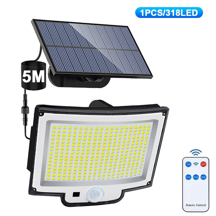 Luvikno | Solar Wall Light LumoGuard 318LED | Bevegelsessensor & 3 Belysningsmoduser | IP65 Vanntett for Hage, Terrasse & Gjerde