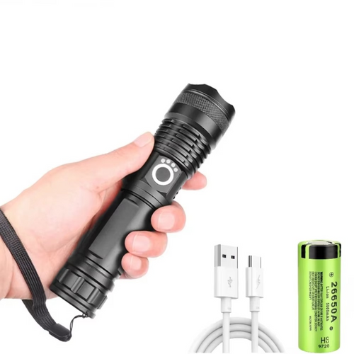 Høy-effekt LED taktisk lommelykt, USB oppladbar, zoombar lysstråle, 5 lysmodus, vanntett, passer 26650 batteri Luvikno
