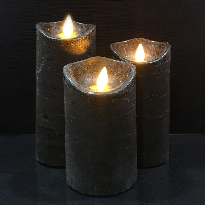 LED Lys - rustikk - 3 stykker - 10/12,5/15 cm - med 3D flamme - (ulike farger) | Luvikno