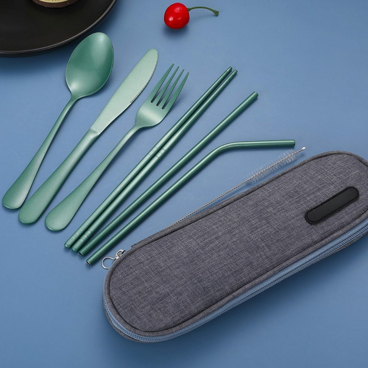 Luvikno | Bestikksett GoCutlery | 4-delt for på farten | Rustfritt stål & BPA-fritt | Med transportcase