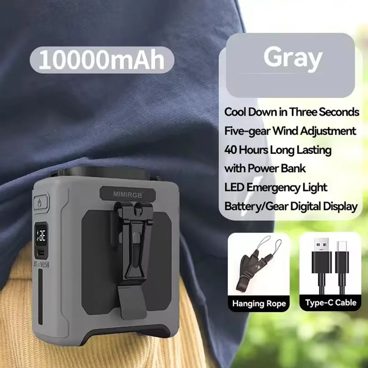 10000mAh Livstikkontaktvifte med Power Bank – Bærbar Håndfri Oppladbar Vifte | 5-Hastigheters Kjøling, Batteri Visning, USB Lading, Utendørs Bærbar Vifte | Luvikno
