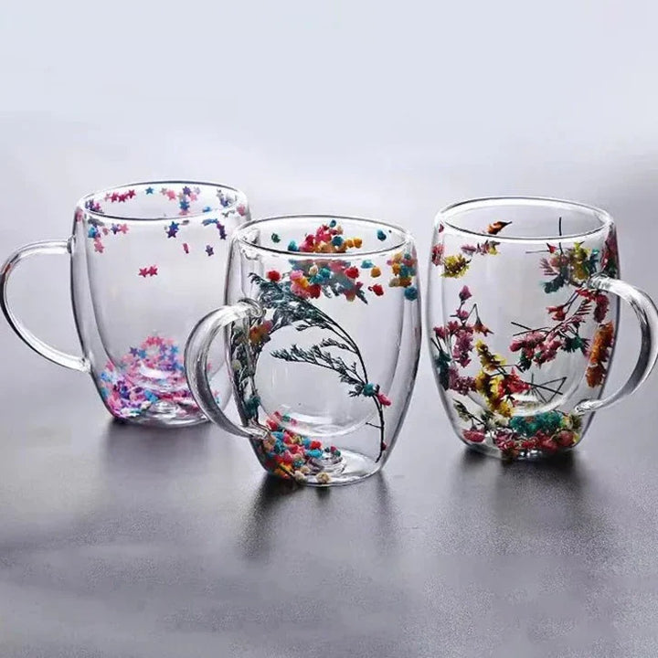 2stk Tørkede Blomster Dobbelveggs Glasskopp