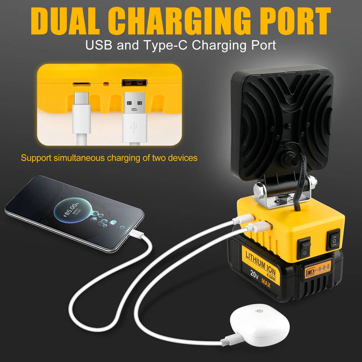 Luvikno | PowerLuma 48 LED Arbeidslys | 48W Batterikonstruksjonsspotlight | 5200 Lumen | USB-C Laderport | For DeWalt Batterier (uten batteri)