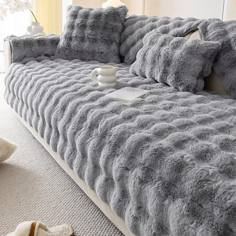 Plysj bobletekstuert kunstpels sofa trekk - Antiskli putetrekk for stue Luvikno