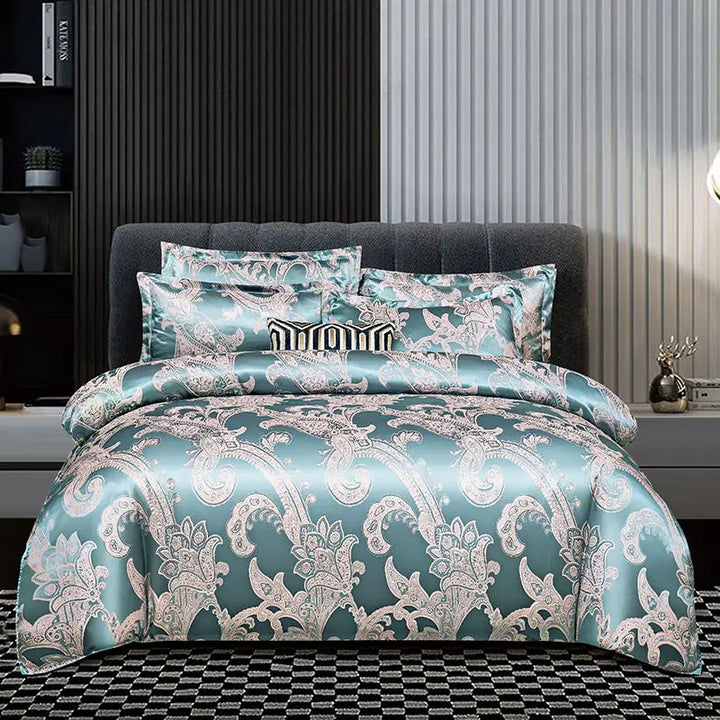Luvikno | Luksuriøst Satin Rayon Jacquard Dynecover i Gull & Blå
