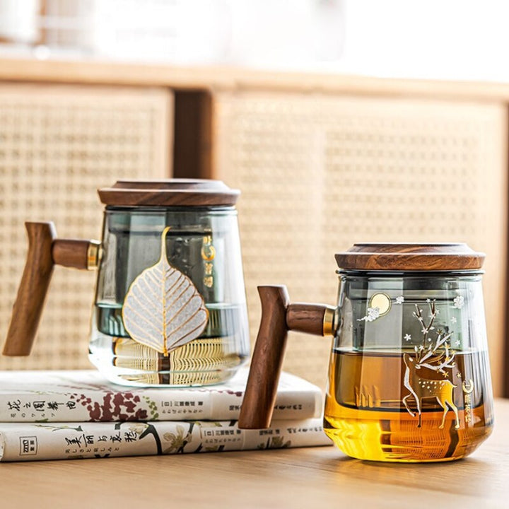 Premium Glass Tea Cup with Filter and Wooden Handle, 470ml | Luvikno