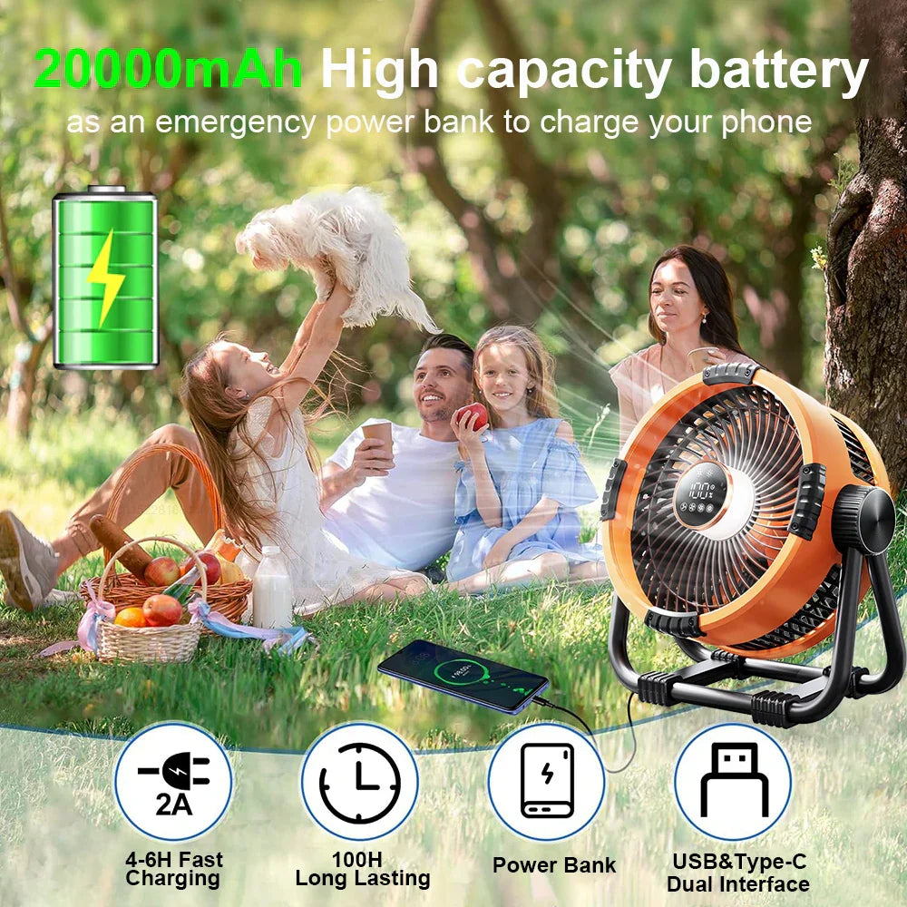 Campingvifte med 20 000mAh batteri, LED-lys og fjernkontroll – WindMate | Luvikno