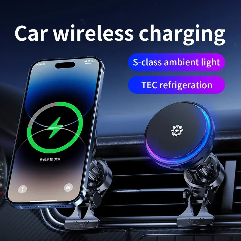 Luvikno | FrozzCharge Bil Lader | Magnetisk 15W Trådløs Lading med Kjølefunksjon | RGB Lys | iPhone MagSafe Kompatibel