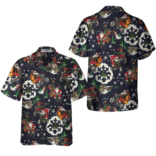 Luvik | Santa moottoripyörällä Sininen jouluhawaiipaita miehille, Hauska joululahja moottoripyöräilyn ystäville