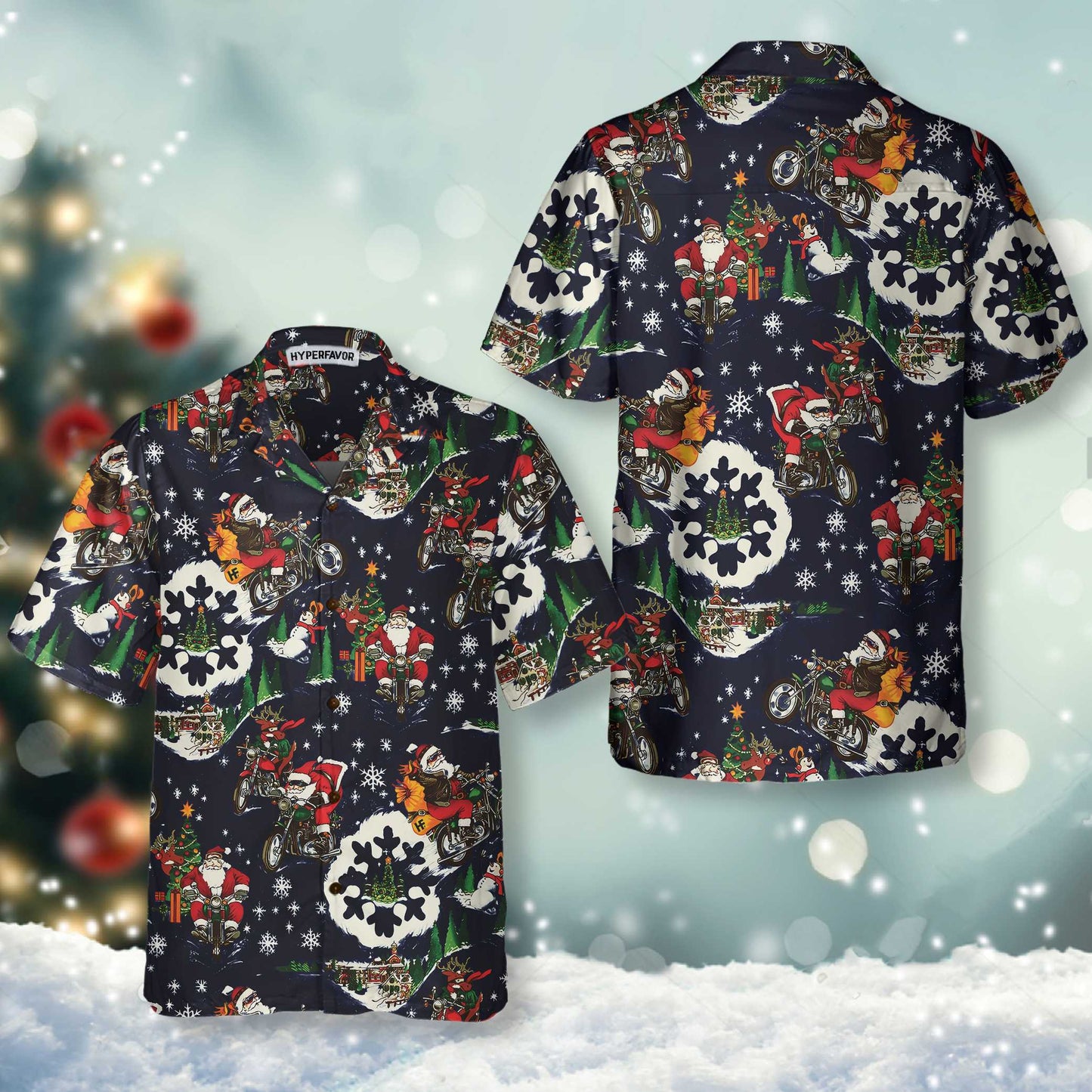 Luvik | Santa moottoripyörällä Sininen jouluhawaiipaita miehille, Hauska joululahja moottoripyöräilyn ystäville