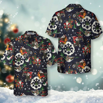 Luvik | Santa moottoripyörällä Sininen jouluhawaiipaita miehille, Hauska joululahja moottoripyöräilyn ystäville