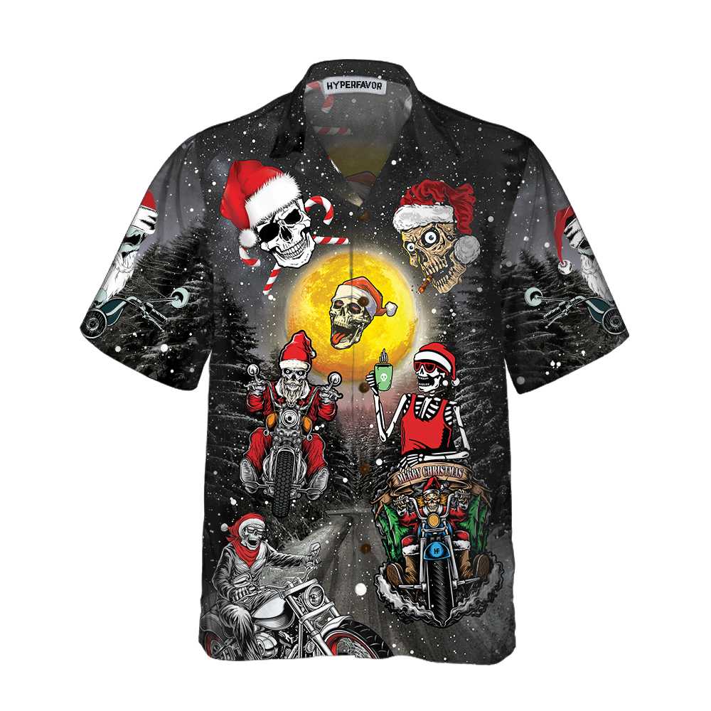 Luvik | Santa Skeleton God jul Hawaii-shirt, motorsyklistens hodeskalle juletrøye, julegave