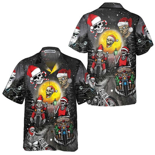 Luvik | Santa Skeleton Hauskaa joulua Hawaii-paita, moottoripyöräilijän pääkallo joulupaita, joululahja