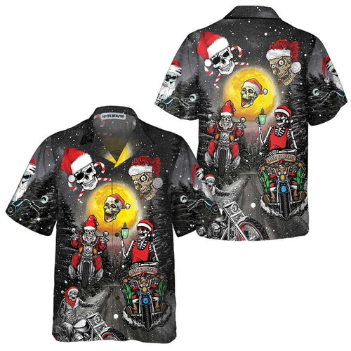 Luvik | Santa Skeleton God jul Hawaii-shirt, motorsyklistens hodeskalle juletrøye, julegave