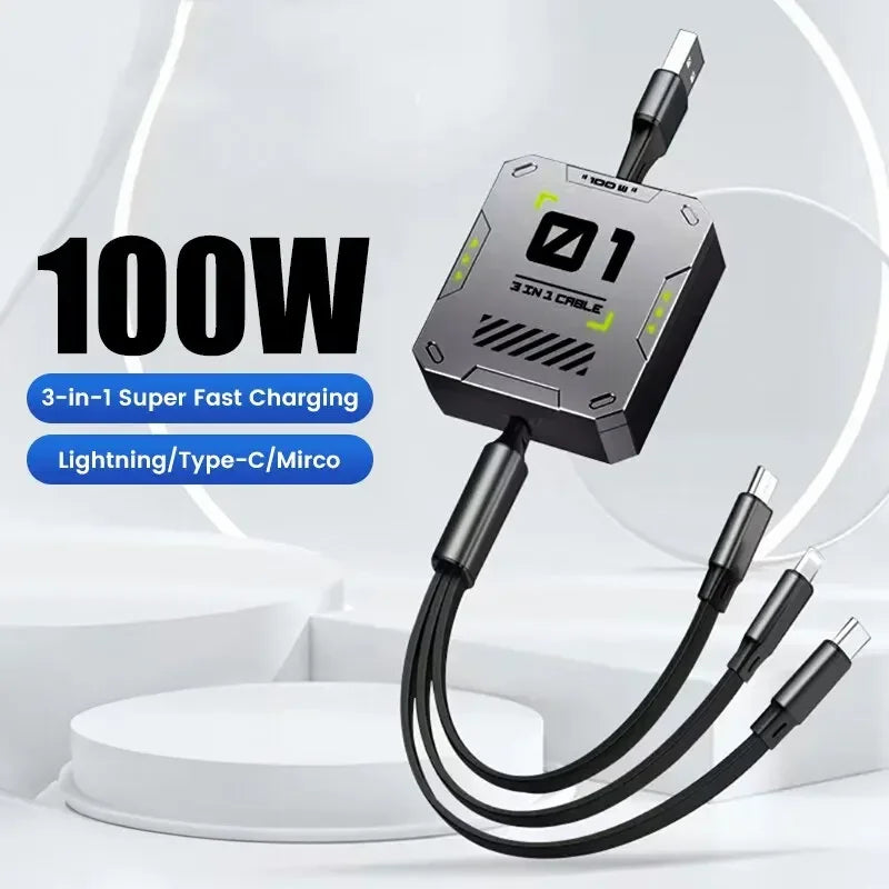 Luvikno | 3-i-1 Laderkabel | Hurtiglading 100W | Utvidbar & Universell | FlexiCharge for iPhone, Android & USB-C