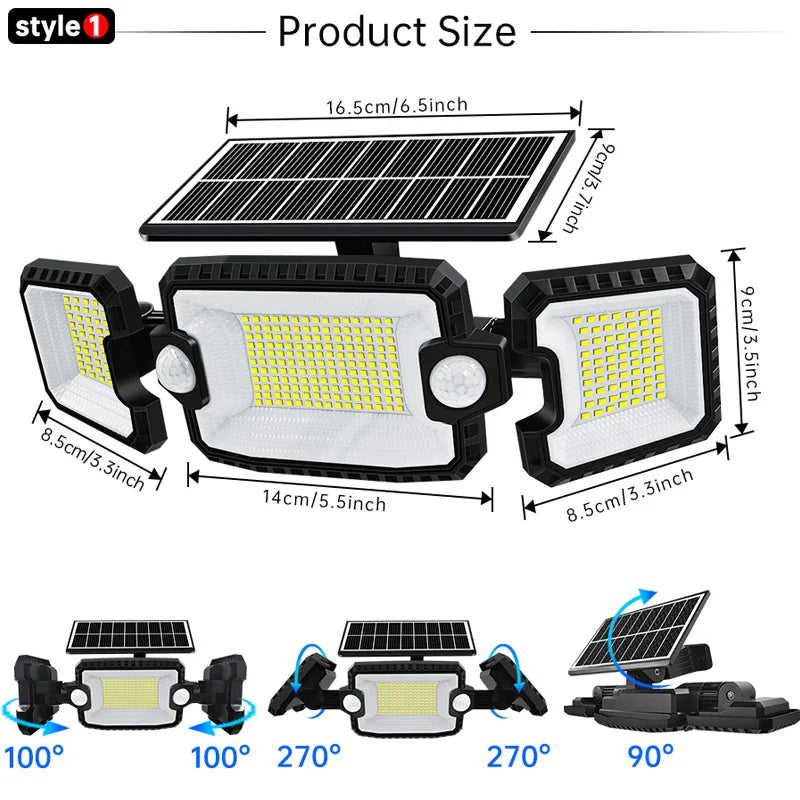 Luvikno | SecuSolar MaxView 167 Solar Sikkerhets Spotlight 167 LEDer | 3 Justerbare Hoder | Bevegelsessensor & 3 Lysmodus | IP65 Vannavstøtende | 2200 Lumen