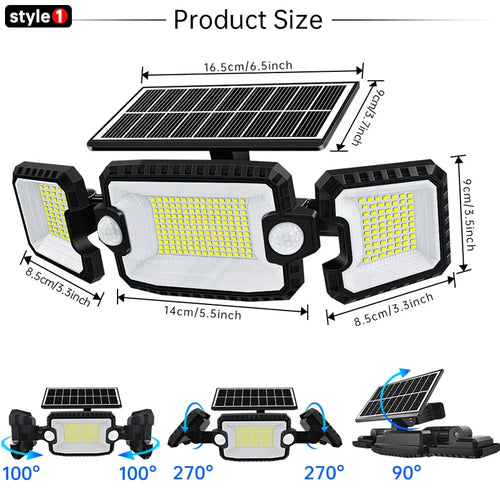 Luvikno | SecuSolar MaxView 167 Solar Sikkerhets Spotlight 167 LEDer | 3 Justerbare Hoder | Bevegelsessensor & 3 Lysmodus | IP65 Vannavstøtende | 2200 Lumen