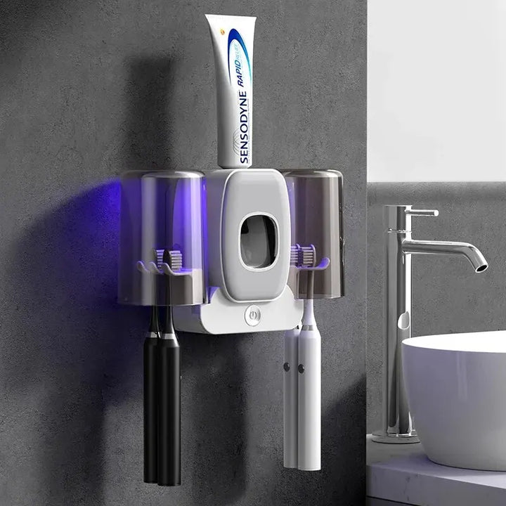 Luvikno | UV Tannbørsteholder PureBrush UV | Sterilisering med UV Lys | Automatisk Tannkremdispenser | Veggmontering Uten Boring
