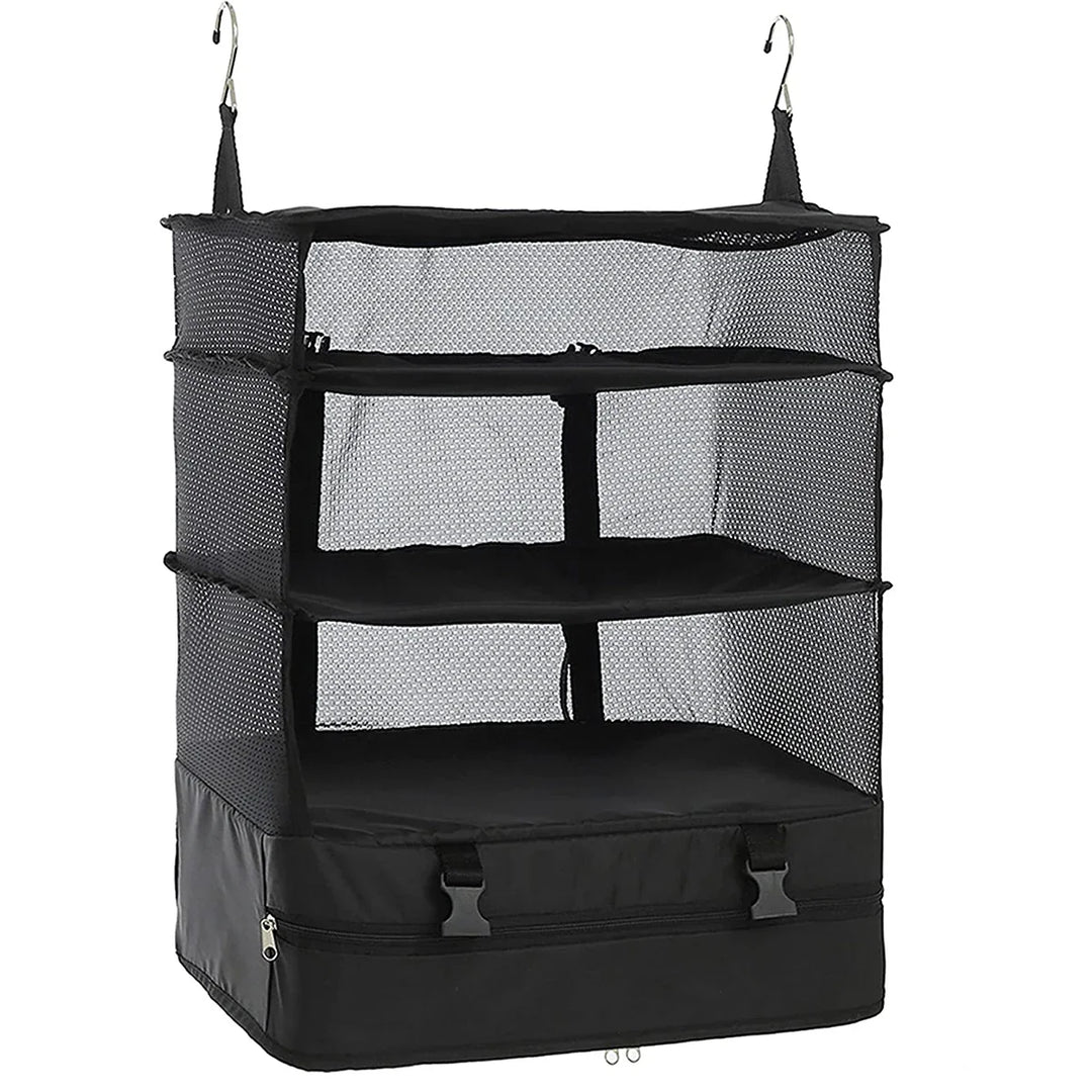 Luvikno | Packelier Koffert Organizer | Hengende Hylle for Reising | 3 Rom | Sammenleggbar & Vannavvisende | Svart