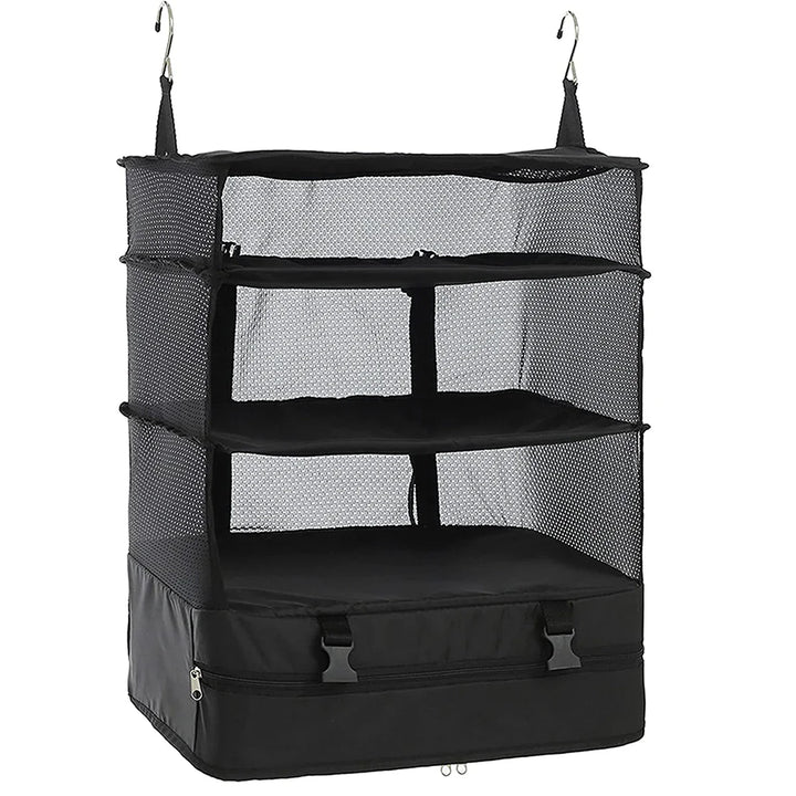 Luvikno | Packelier Koffert Organizer | Hengende Hylle for Reising | 3 Rom | Sammenleggbar & Vannavvisende | Svart