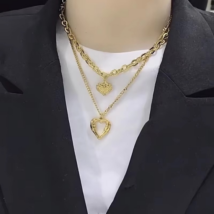 Chic Double-Layer Heart & Cuban Link Chain Choker Necklace Luvikno